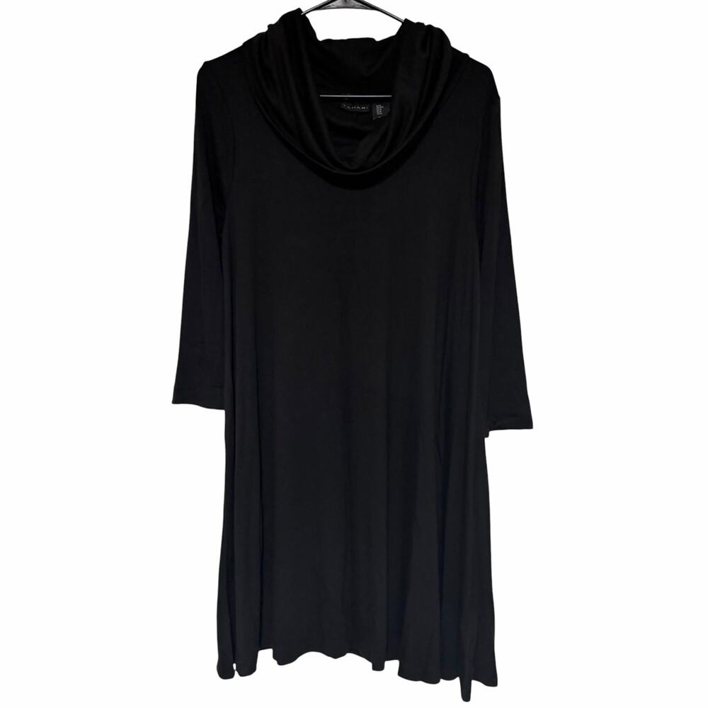 NEW TAHARI Black Cowl Neck Swing Dress Size Medium Long Sleeve Business Casual